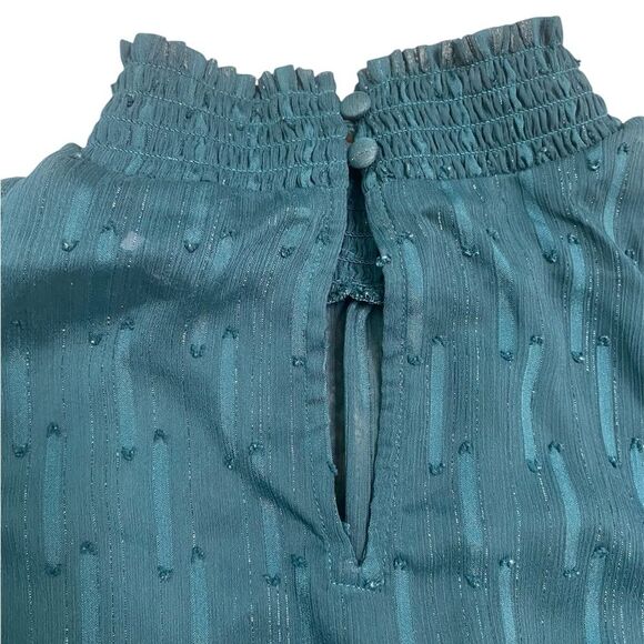 EXPRESS Teal Green Mock Neck Semi-Sheer Long Sleeve Tie Bottom Blouse - Picture 7 of 11